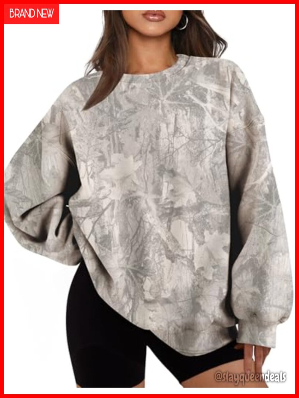 Oversized Camo Sweatshirt Maple Leaf Print Crewneck Fleece Lined Pullover Fall